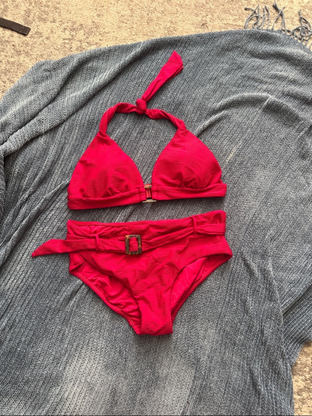 Seafolly Pink Red Textured Halter Bikini Set